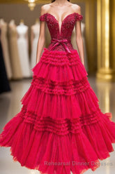 Off the Shoulder Red Appliques Tiered Long Semi Formal Prom Dress
